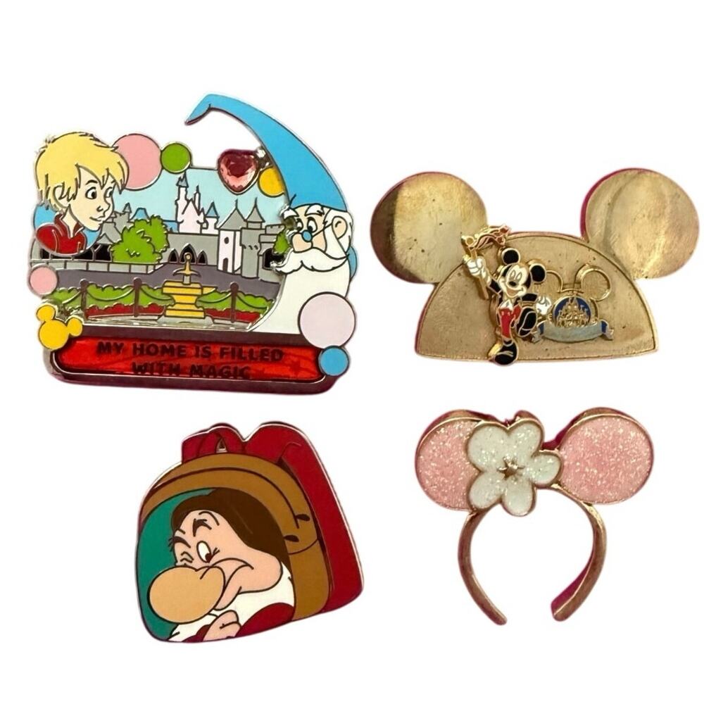 lot of Disney pins golden Mickey ears grumpy backpack, sword stone headband